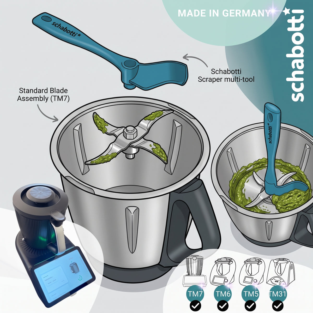 Schabotti Drehspachtel passt zwischen Mixmesser und Mixtopfwand des Thermomix TM7
